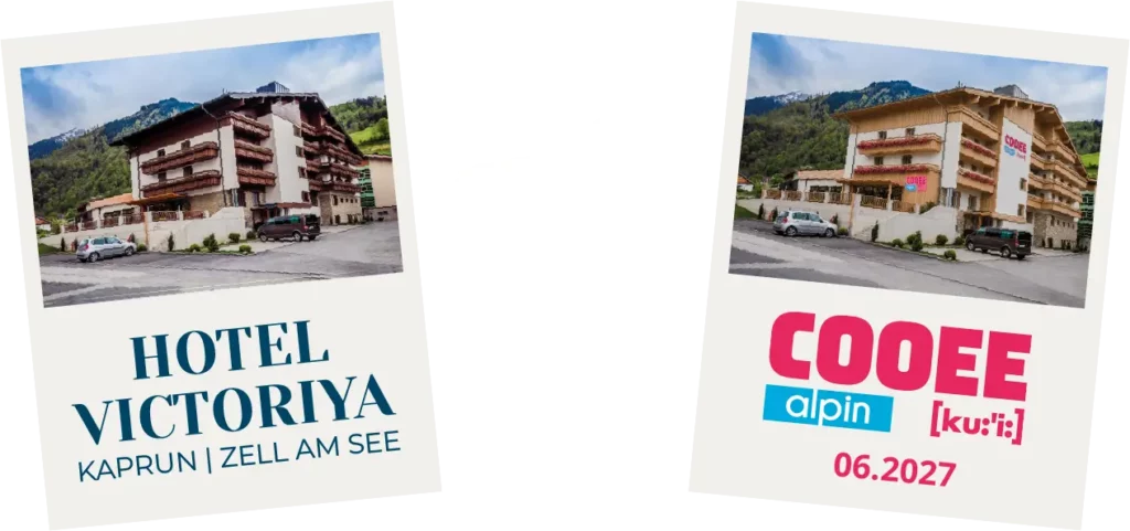 Vorher-Nachher-Darstellung des Hotel Victoriya in Kaprun, das ab Juni 2027 als COOEE alpin Hotel Kaprun | Zell am See geführt wird.